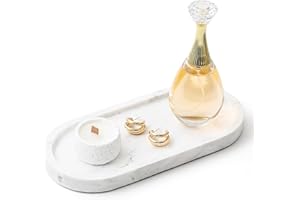 WORHE Natural Marble Vanity Tray Italy Oval Stone Trays for Candles Perfume, Decorative Jewelry Dish for Small Items, Countertop Storage Organizer for Home Bathroom Kitchen Matte Surface White (BH101)
