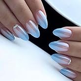 French Press on Nail Short Gradient Design Fake Nail with Rhinestone Blue Artificial False Nails Full Cover Acrylic Nails Glue on Nails for Women