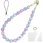 Healing Stone Phone Charm for Women, Beaded Phone Camera Wrist Strap, Handmade Cell phone Chain Lanyard with Tether Tab Keychain Decor for Wallet (Blue-Purple Cat’s Eye)