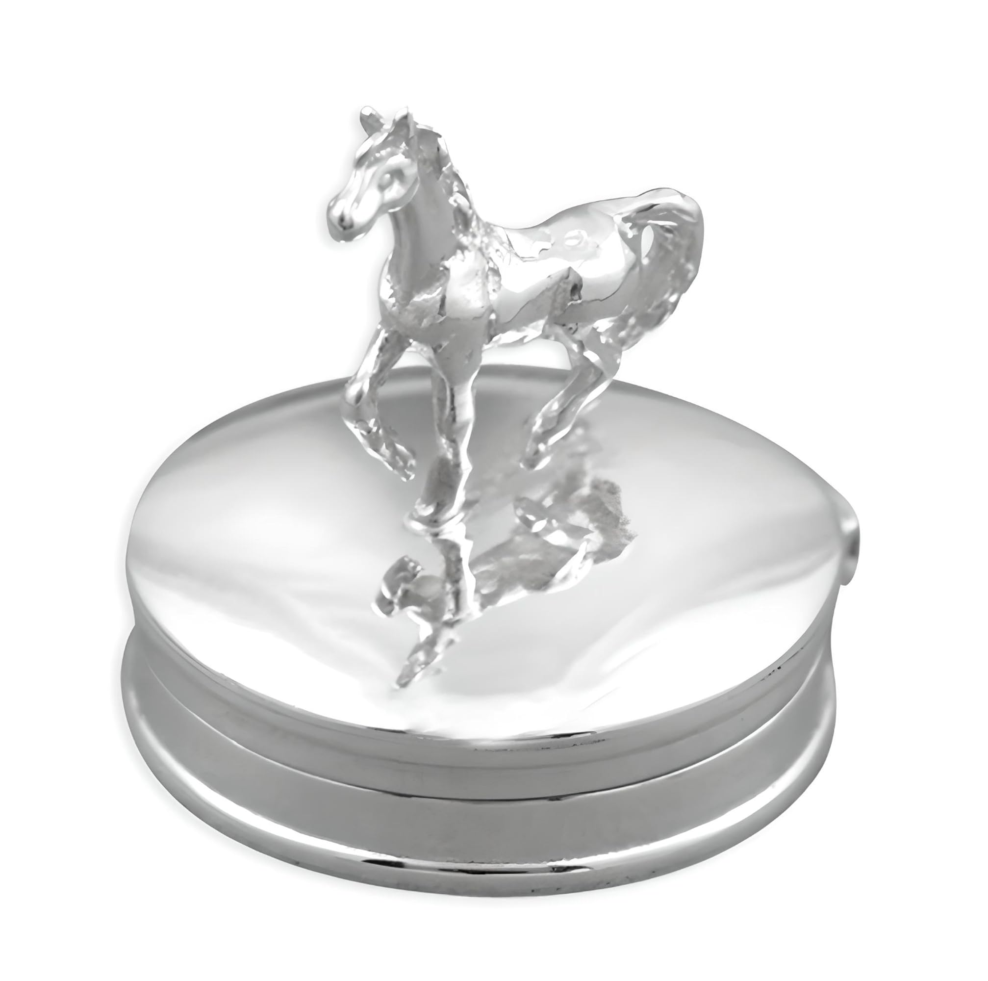 Designer Inspirations Boutique Sterling Silver Standing Horse on Round Pill/Trinket Box - Solid 925 Sterling Silver Gift Box