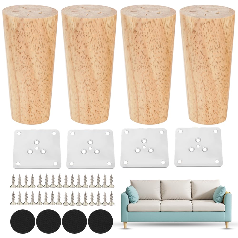 Coztie Wooden Furniture Legs, 4 PCS 10 cm Solid Wood Furniture Legs, Replacement Sofa Legs Mid-Century Modern Wooden with Rubber Protection Pad Screws Mounting Plates for Sofa