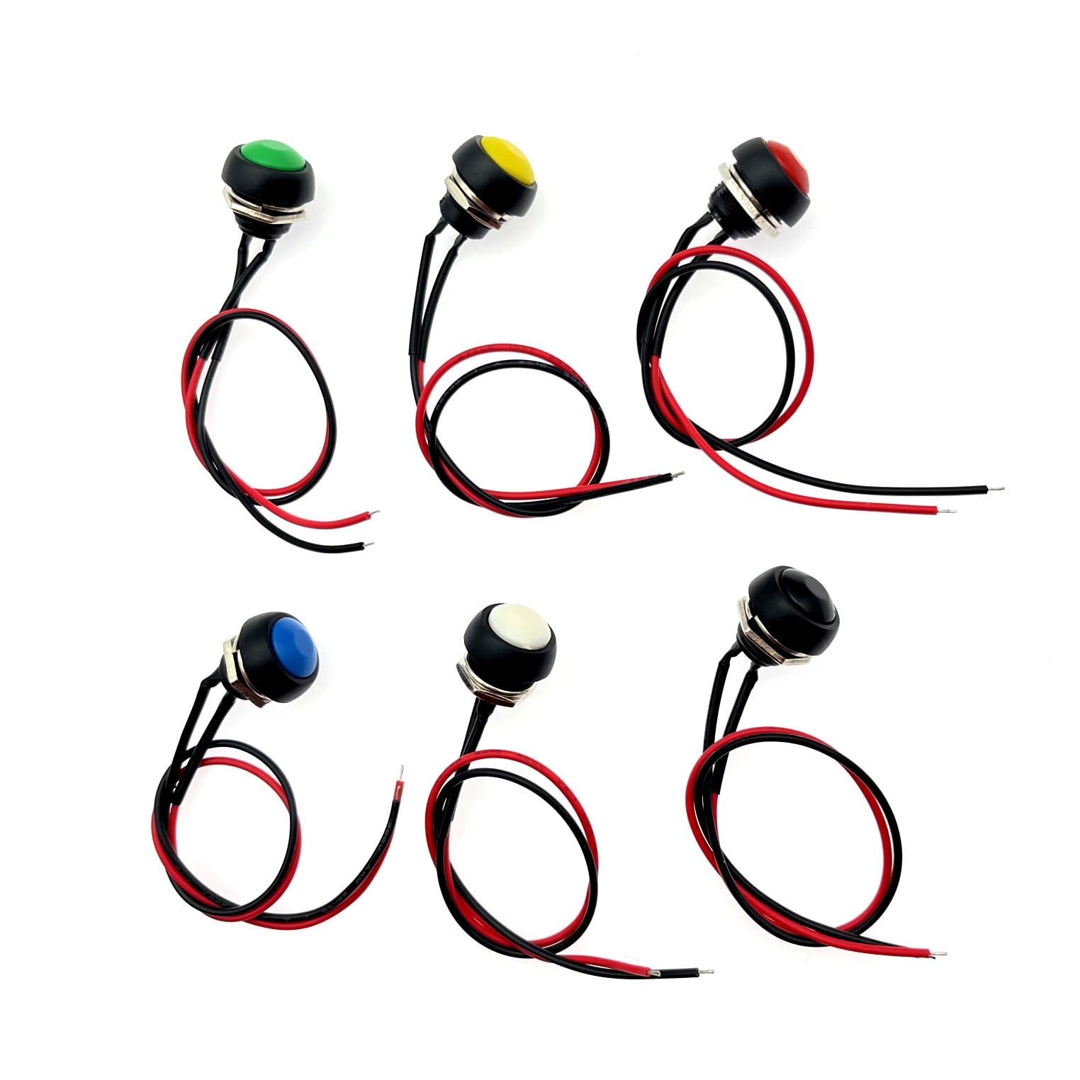 JZK 6pcs 12mm Waterproof momentary push button switch, 2pin ON/OFF small round pushbutton switch with wires, PBS-33B lockless self-reset horn button