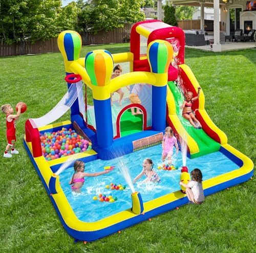 Baralir Inflatable Bounce House with Water Slide – Backyard Inflatable Water Park with 4 Sprinklers, 2 Splash Pools, Fits 5 Kids, Perfect for Summer Fun & Cooling Down