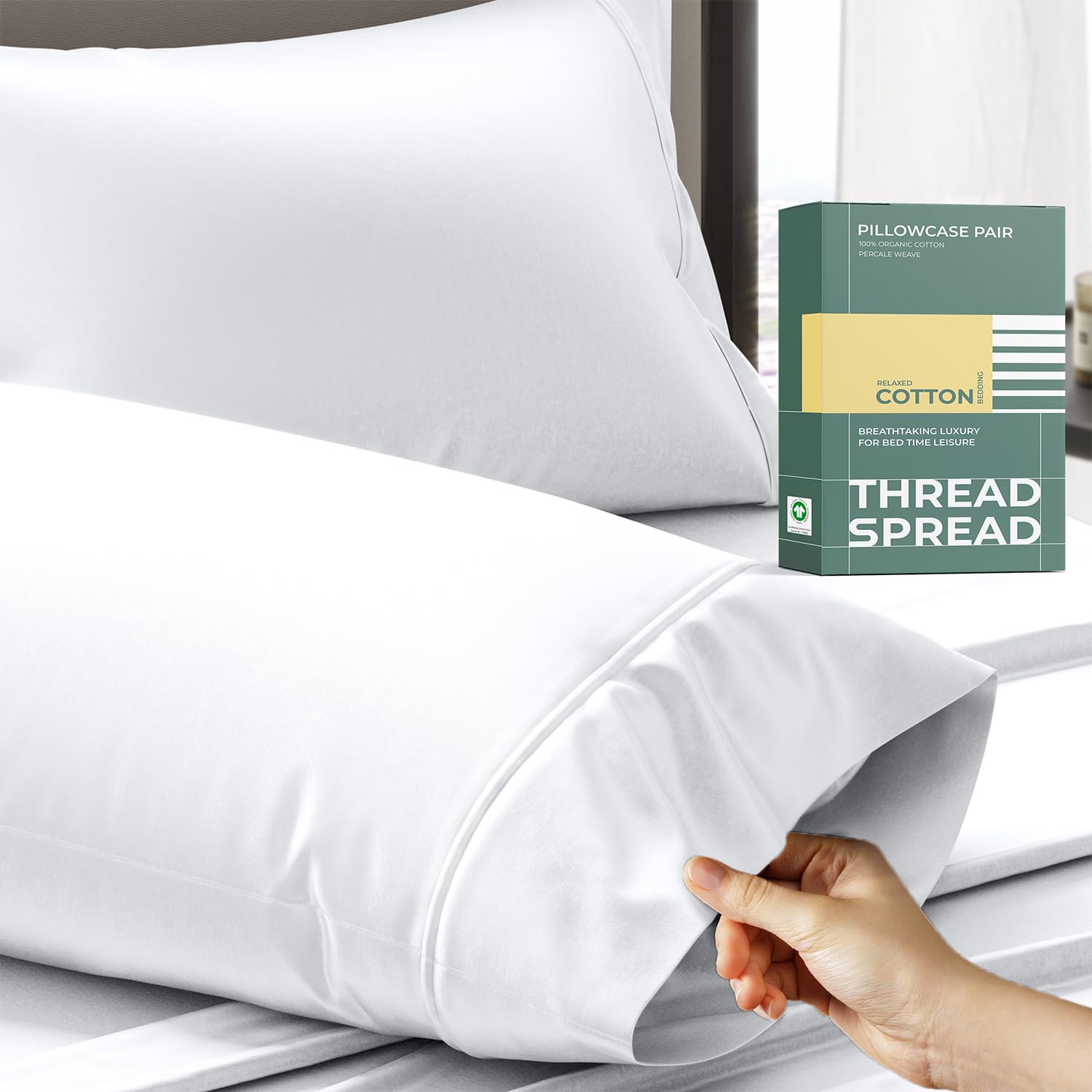 Photo 1 of THREAD SPREAD 100% Organic Cotton Pillow Cases Set of 2 Queen/Standard Size - Soft, Cooling, Crisp & Breathable Organic Cotton Percale Weave Pillowcase for Queen Pillow (White), GOTS Certified