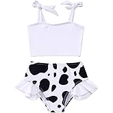 BOUTIKOME Toddler Baby Girl Two Piece Swimsuit Cow Print Swimwear Knot Top Flared Bottom Bikini Set Beach Bathing Suit 1-6T