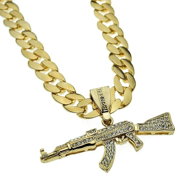 AK47 Gun Rifle Pendant Chain Bling Gold Finish 33" Long x 15mm Wide