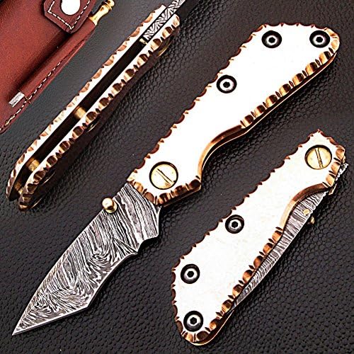 HANDMADE 17CM AWESOME HI TECH FOLDING POCKET KNIFE MADE WITH REAL DAMASCUS STEEL WITH SOLID BRASS HANDLE, BLADE UNDER 3 INCHES LEGAL TO CARRY:(BDM-164)