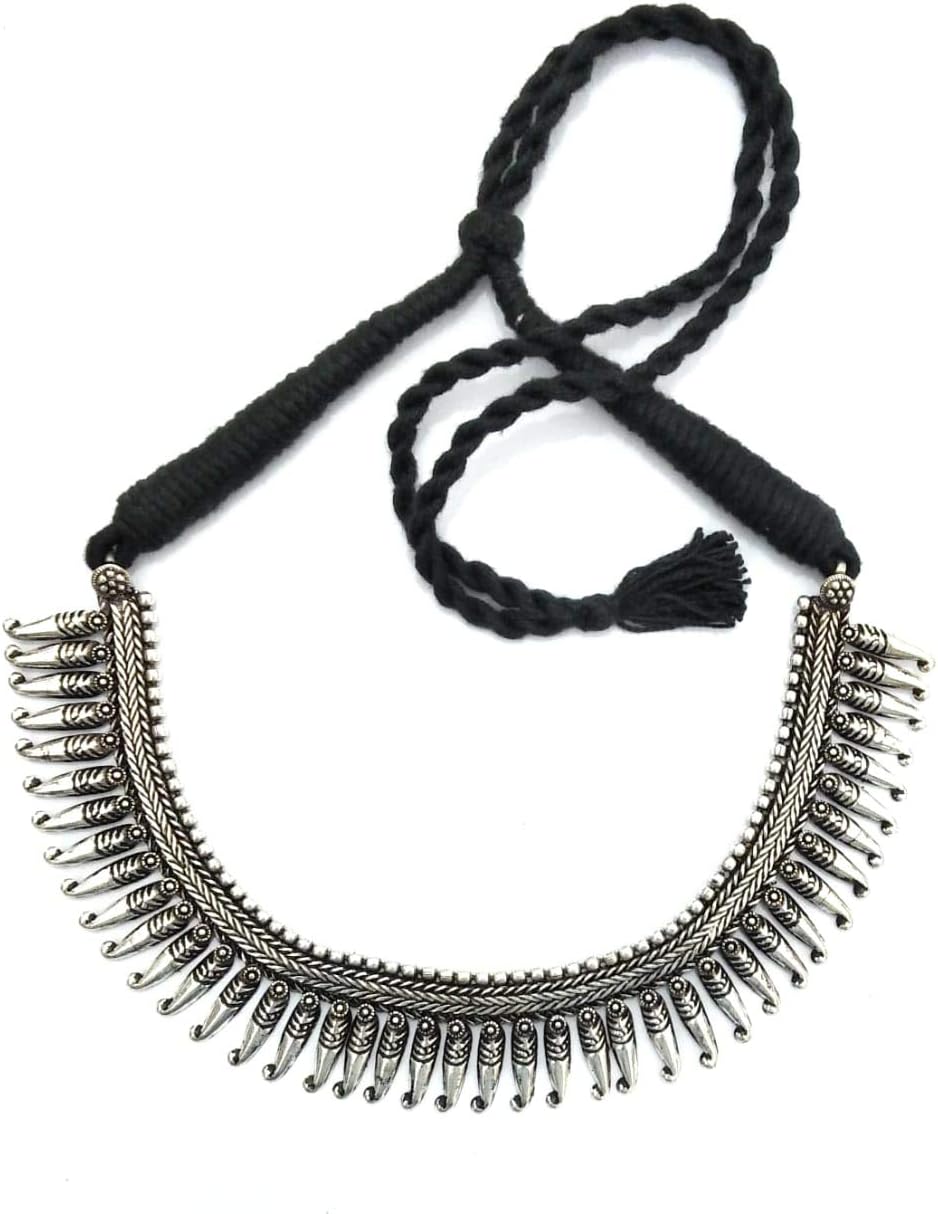 athizayBlack Necklace with Drawstring for Women Oxidised Silver bead Indian Thread Jewelry Ethnic Choker Necklaces