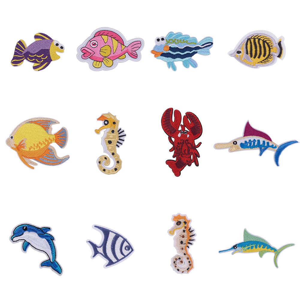 NBEADS 24 Pcs Marine Creatures Iron on Patches, Fish Shark Lobster Sea Horse Rayon Embroidery Patches Appliques Decorative Repair Patches for Jeans T-Shirt hat Jacket Bag Garment Accessories