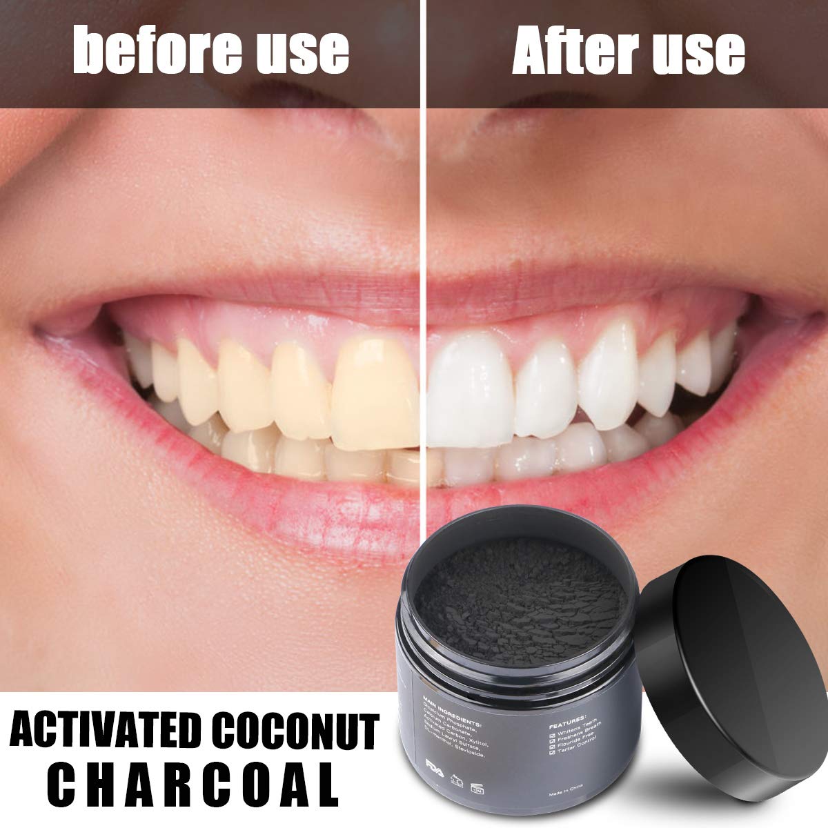 Polvo de Dientes, Polvo de Blanqueamiento de Carbón Activado Natural, Teeth Whitening Powder,refresca la respiración y mejora la salud oral Para Blanquear Dientes Sensibles Rápida, Eficazmente