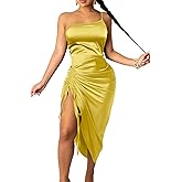 Women's Satin Dress Spaghetti Strap Drawstring Ruched Cocktail Evening Party Night Club Dresses