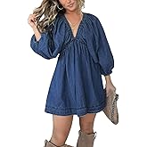yoeasy Women's V Neck Denim Dress Casual Puff Sleeve Swing Ruffle Flowy A Line Mini Jean Babydoll Dress