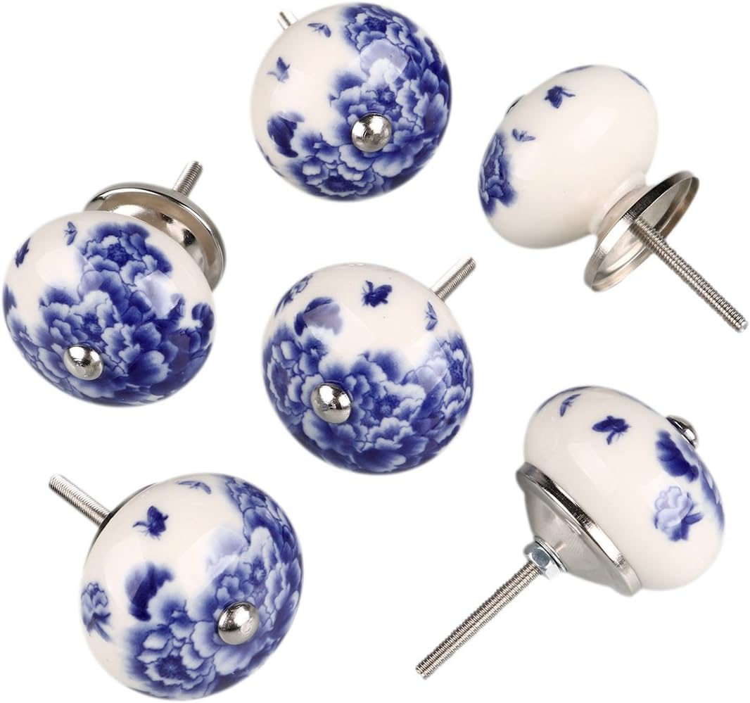 Sourcingmap 6 Pieces Vintage Shabby Knobs White and Blue Floral Hand Painted Ceramic Pumpkin Cupboard Wardrobe Cabinet Drawer Door Handles Pulls Knob