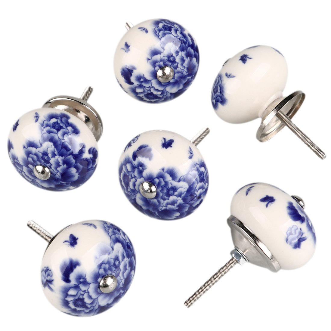 Sourcingmap 6 Pieces Vintage Shabby Knobs White and Blue Floral Hand Painted Ceramic Pumpkin Cupboard Wardrobe Cabinet Drawer Door Handles Pulls Knob, Peony