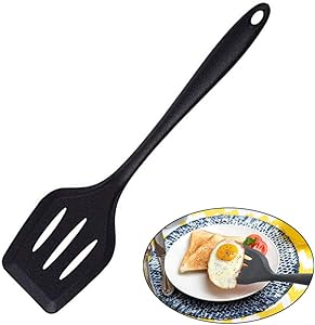 Silicone Turner Spatula,Non-Stick Silicone Slotted Spatula 11.5 Inch,High Heat Resistant to 480°F Cooking Utensils Food Grade Eco-Friendly Dishwasher Safe for for Fish, Eggs, Pancakes, Wok(Black)