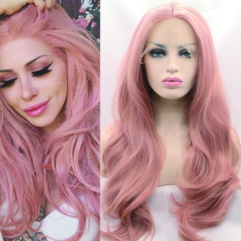 MIUHAIR Pink Diamond Lace Wig for Women Long Natural Wavy Synthetic Lace Front Wig Natural Looking Hairline Heat Resistant 22โโ