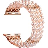 GEMEK Compatible with Apple Watch Band 38/40/41/42/44/45/49mm Women iWatch Bands Series 9/8/7/6/5/4/3/2/1, Handmade Beaded Elastic Stretch Pearl Bracelet Replacement Strap for Women Wristband