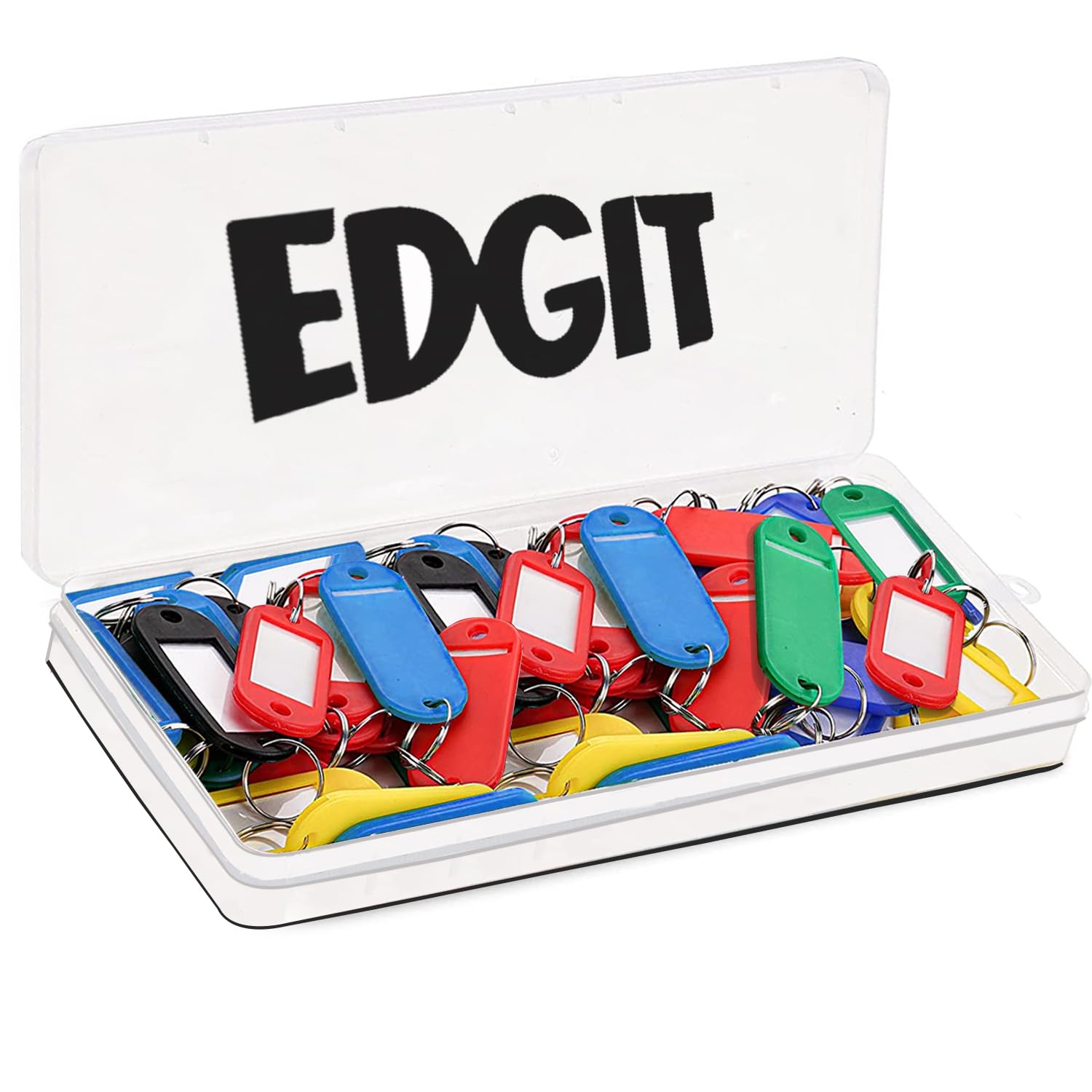 EDGIT 50 Pack Key Tags with Labels - Key Rings in Convenient Storage Box, Key Fobs for Pets, Memory Stick, Keyrings with Labels