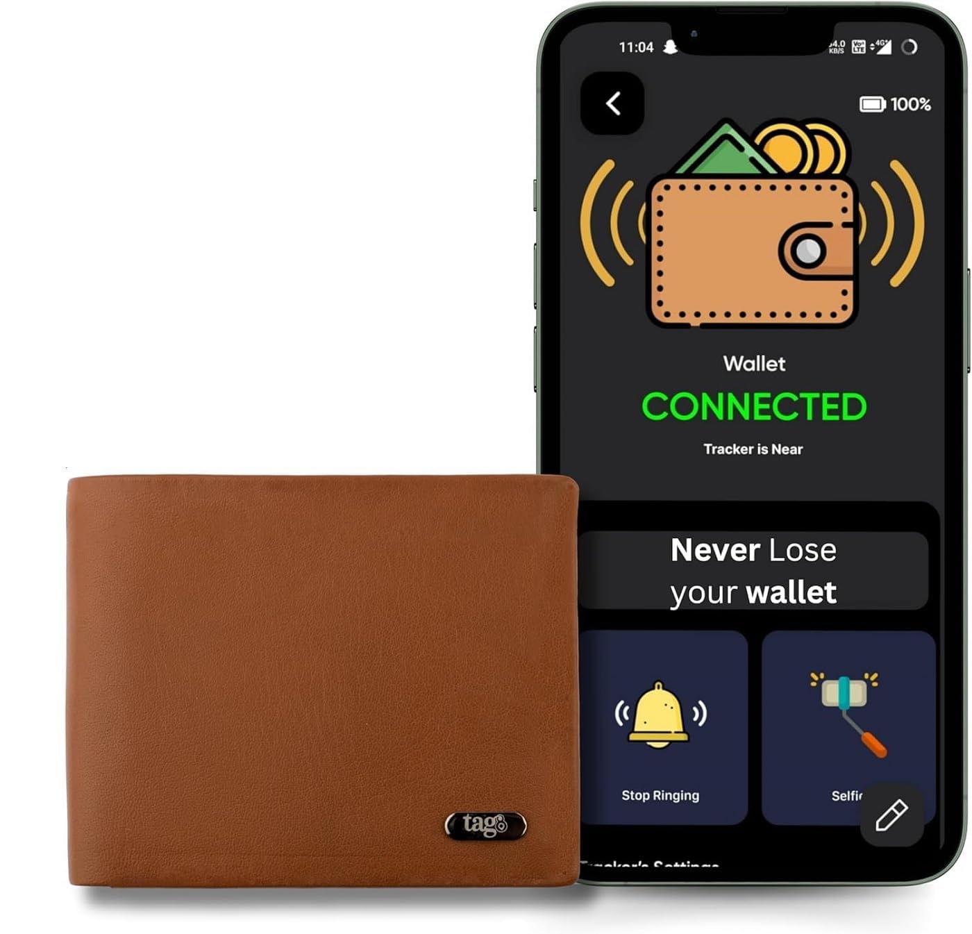 tag8 - Dolphin Smart Wallet for Men, Bi-Fold Card Wallet with Anti-Theft RFID Blocking, Alternative to GPS Wallet Finder, 60ft - 250ft Bluetooth Finding Range, Works with Android & Apple Device, Tan