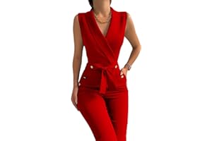 UNI CLAU Women's Elegant Jumpsuits V Neck Sleeveless Straight Belted Long Pants Business Suits Set with Pockets