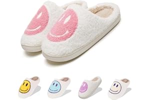 LINWIND Fuzzy Slippers for Women Men, Cute Retro Fluffy Happy Face House Slippers, Plush Memory Foam Slippers for Women Indoor and Outdoor Cozy Trendy Slip-On Shoes