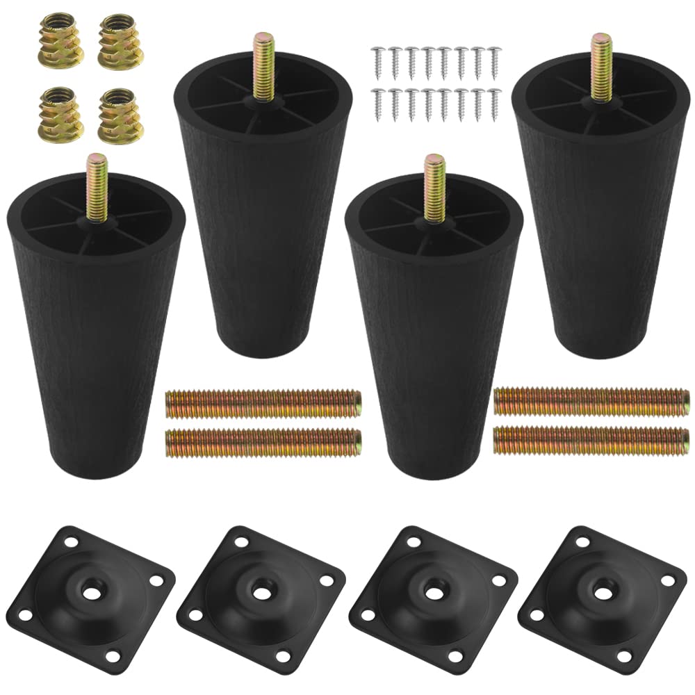 WMYCONGCONG 4 Pcs Plastic Sofa Legs 5" Round Tapered Replacement Furniture Legs for Cabinet Loveseats Couch Chair with Mounting Plates M8 Thread (Metric 8mm) Perfect for IKEA Or US Made Furniture/Beds