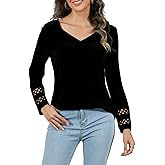 YELAIVP Long Sleeve Shirts for Women V Neck Lace Tops Dressy Business Casual Blouses Cross Wrap Sexy Tops Work Shirt