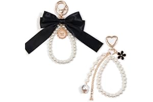 HONYJOOM 2pcs Bow Keychain, Cute Keychain, Wristlet Keychain, Ribbon Keychain Pearl Bag Charm for Purse Handbags Backpack