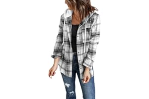 INFITTY Women's Buffalo Plaid Hoodie Long Sleeve Jacket Button Drawstring Casual Fall Shirts with Pocket