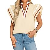 Cicy Bell Womens Ruffle Cap Sleeve Tops Color Block V Neck Dressy Casual Blouses Summer Pleated Loose Fit Shirts