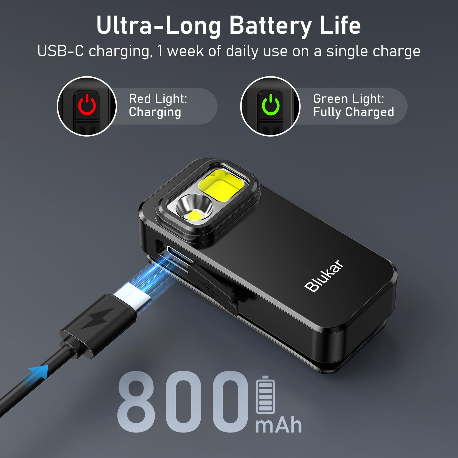 Blukar Taschenlampe LED Aufladbar, 800L Mini Clip LED Taschenlampen mit Flutlicht & Spotlicht & Rotlicht, EDC Hell Flashlight mit 5 Lichtmodi, Wasserdicht und Lange Dauer für Camping Outdoor Notfäll 8