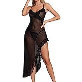 RUIBAVYA Women Lingerie Deep V Neck Nightgown One Piece Ruffled Sheer Nightwear Mesh Babydoll Lingerie Dress with Thong