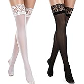 Thrymme 2Pairs Thigh High Lace Stockings, Thigh High Stockings for Women, Anti-Slip Grip Top for Women Christmas Halloween Party Costume (White and Black)
