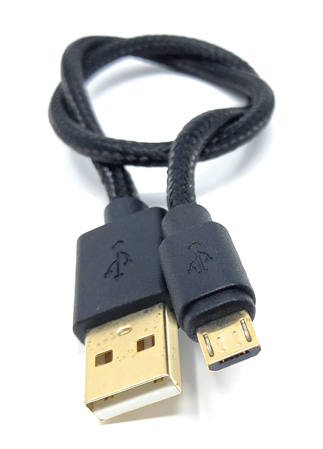 DRUT 30cm short Micro USB to USB 2.0 Fast Charger Braided Cable 24AWG A-Male to Micro B Gold Connectors Lead 1ft Black