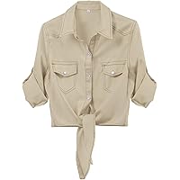 AMEBELLE Women's Roll Up 3/4 Sleeve Tie Front Knot Shirt Chambray