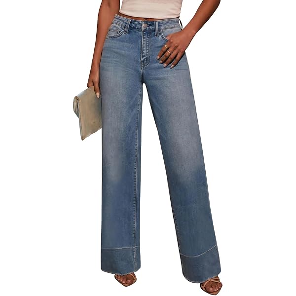 Akivide Women High Waist Jean Casual Loose Straight Leg Baggy Boyfriend Slouchy Button Fly Roll Hem Denim Pants Plus Size
