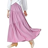 Haloumoning Girls Elastic High Waist Maxi Skirt Boho A-Line Tiered Pleated Long Skirts with Pockets 5-14 Years