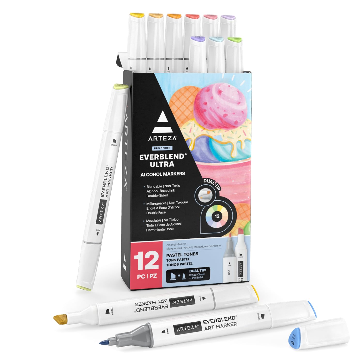 ARTEZA Alcohol Marker Pens, 12 Pastel Colours, Dual Tip Art Markers (Broad Chisel Tip + Fine), for Drawing, Colouring, Designing, Hand-Lettering, & Calligraphy
