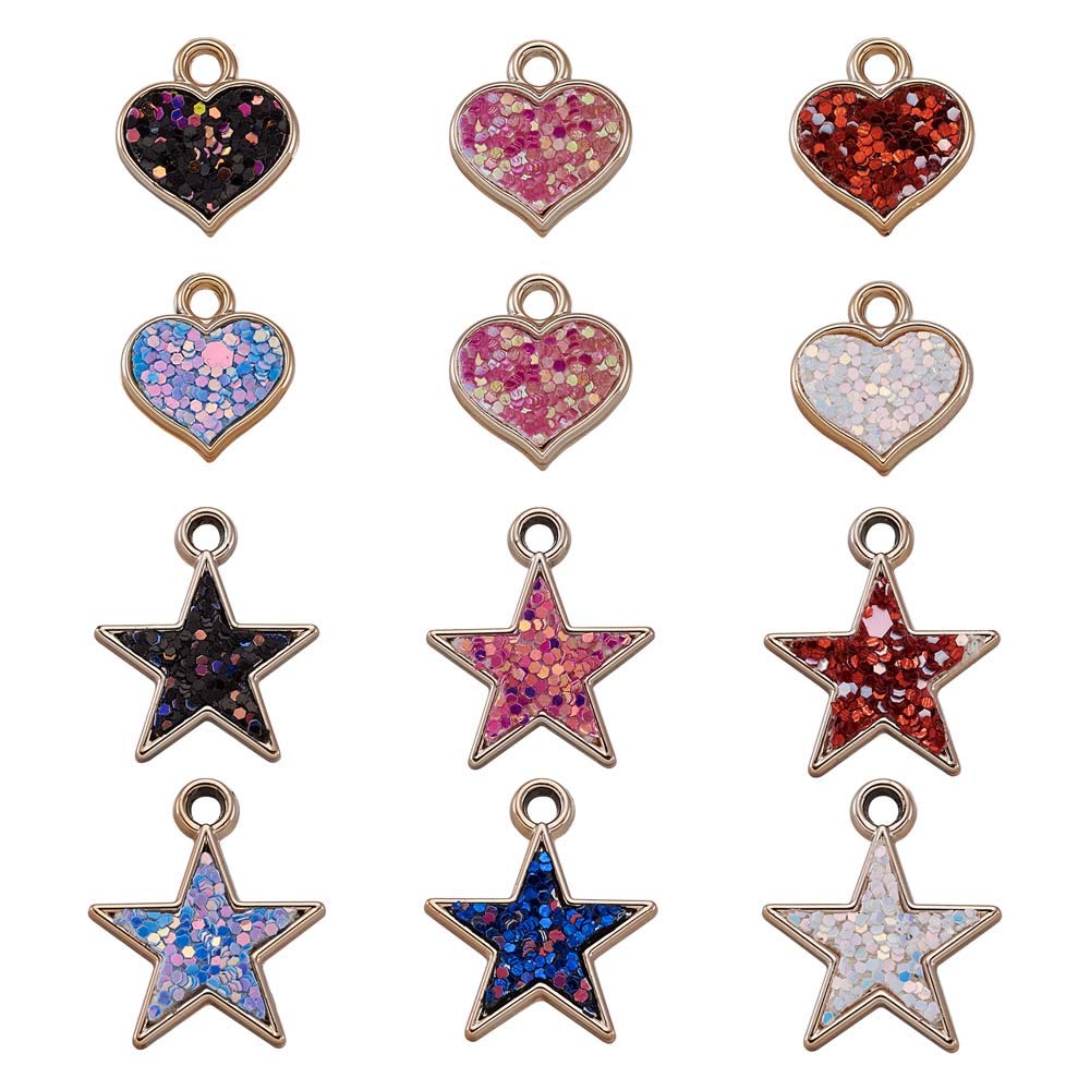 Cheriswelry 22pcs Glitter Star Heart Pendants 6 Colors Plastic Love Heart Twinkle Star Charms Dangle Beads for Jewelry Bracelet Making Hole:3mm