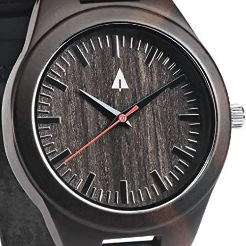 Treehut Mens Ebony Wooden Watch with Genuine Black Leather Strap Quartz Analo...
