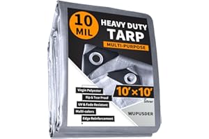 WUPUSDER 10'x10' Heavy Duty Tarp, 10Mil Silver Waterproof Tarps, Plastic Tarpaulin with Metal Grommets, Edge Reinforcement Tear Resistant, UV Resistant, Cover for Camping, Car, Roof