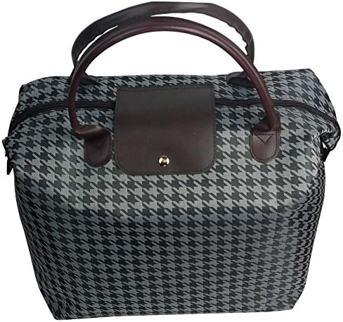 Women's Foldable Grey Houndstooth Zipper Large Hand Bag w/ Brown Handle