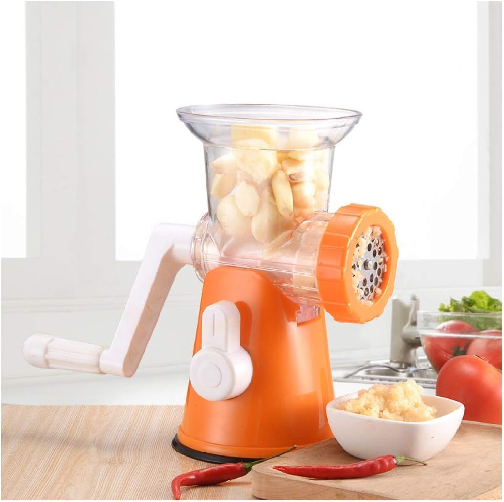 JinJin Meat Grinder Manual, Hand Crank Meat Mincer Heavy Duty Sausage Stuffer with Stainless Steel Blades and Powerful Suction Base Grind Meat, Vegetables, Garlic, Fruits, etc (orange)