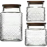 Livejun Glass Storage Jars Vintage Embossed Canisters Food Cereal Storage Containers with Bamboo Lid, Decorative Jars for Kitchen Counter,Pantry,Set 3-Piece Glass Jars in 60oz/40oz/20oz (Square)