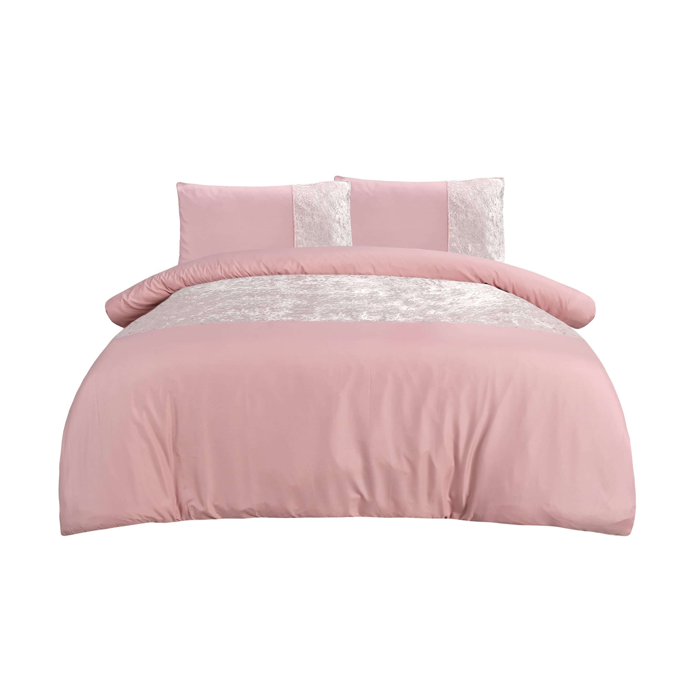 Sleepdown Velvet Cuff Blush Pink Panel Band Luxury Soft Cosy Duvet Cover Quilt Bedding Set with Pillowcases - Super King (260cm x 230cm)
