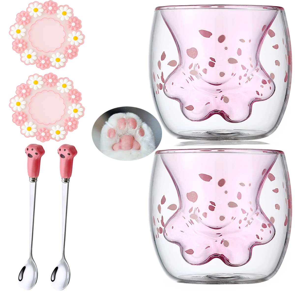 Arawat Double Wall Glasses Cute Cat Paw Mug 2 Set Christmas Mug Double Wall Coffee Glasses Tea Glasses Cute Cat Coffee Mug Cups Coffee Glasses Birthday Gift for Women Girlfriend