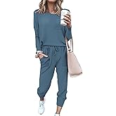 Bofell 2 Piece Outfits for Women Solid Color Loungewear Loose Tracksuit Set Blue S