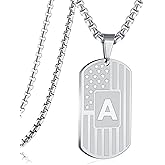 RWQIAN American Flag Initial Dog Tag Necklace for Men,Stainless Steel Letter A-Z with 24 Inch Chain Military Pendant Necklace Gift for Valentine's Birthday Christmas Anniversary Fathers Day