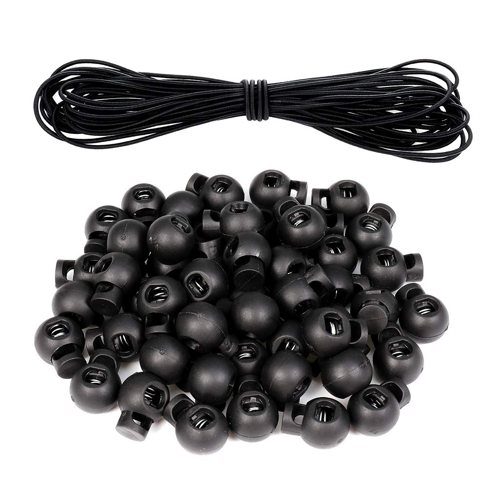 Opopark 50pcs Spring Cord Locks Single Hole Plastic Spring Toggle Stoppers Buttons Small Round Elastic Toggle Sliders with 10m/32 Feet Bungee Rope for Drawstring Bag Shoelace Paracord Camping Hiking