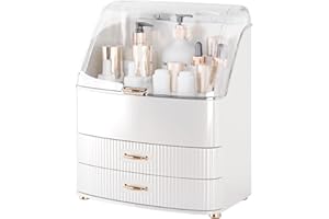 Plukers Makeup Organizer Countertop Vanity with Transparent Lid Drawers Waterproof Dustproof Cosmetic Skincare Bathroom Storage Gift for Women Teens Girls (Whtie)